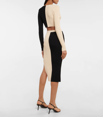 Shop Staud Lorraine Ribbed-knit Midi Skirt In Buff Black