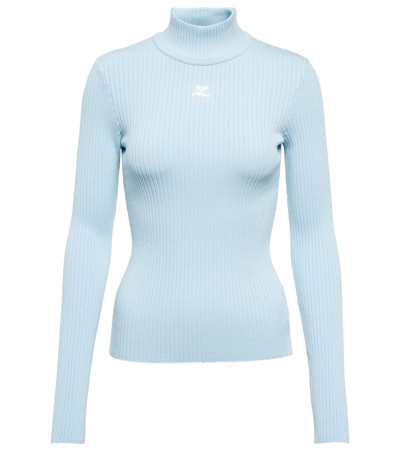 Shop Courrèges Logo Ribbed-knit Turtleneck Sweater In Light Blue