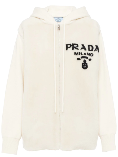 Shop Prada Logo-intarsia Shearling Hoodie In Weiss