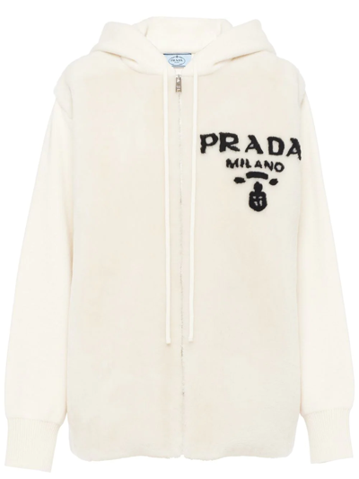 Prada Oversize-sweatshirt Aus Kaschmir Und Lammfell In Weiss