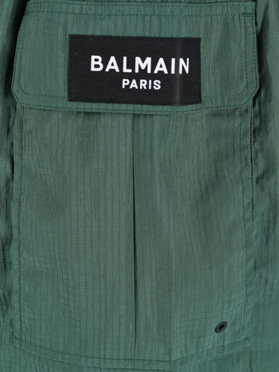 Shop Balmain Logo-patch Drawstring Swim Shorts In Grün