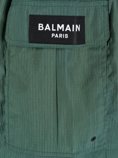 Balmain Logo-patch Drawstring Swim Shorts In Grün