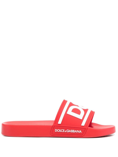 Shop Dolce & Gabbana Logo-print Detail Pool Slides In Rot