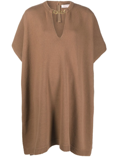 Valentino Brand-plaque Turtleneck Wool And Cashmere-blend Poncho In Brown