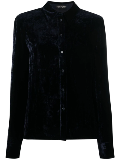 Shop Tom Ford Velvet-effect Long-sleeve Shirt In Blue