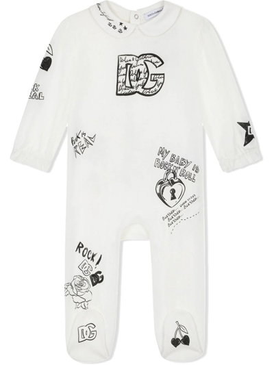 Shop Dolce & Gabbana Rock N' Roll Print Babygrow In White