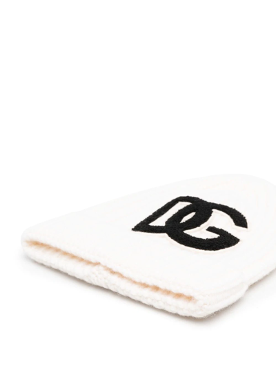 Shop Dolce & Gabbana Brushed-logo Virgin Wool Ribbed Beanie In White