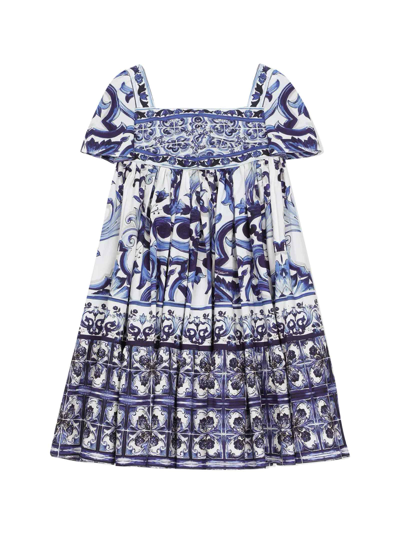 Shop Dolce & Gabbana Girl Dress With Majolica Print In Blu