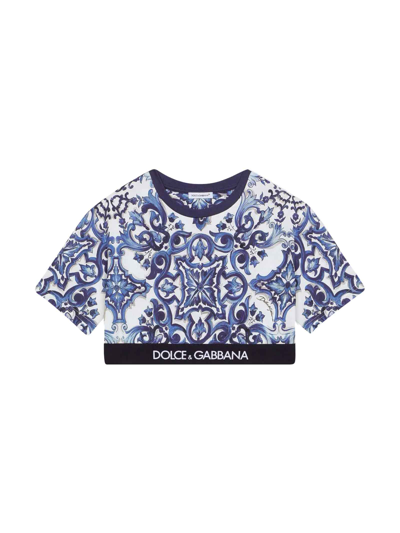 Shop Dolce & Gabbana Girl T-shirt With Majolica Print In Bianco