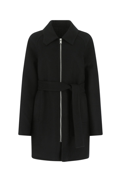 Double Face Wool Blend Belted Zip Coat In Black