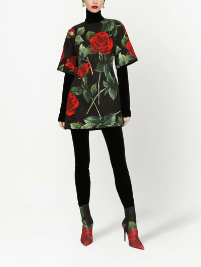 Dolce & Gabbana Cotton Blend Rose Print Short Dress In Schwarz