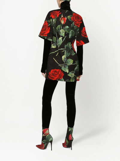 Dolce & Gabbana Cotton Blend Rose Print Short Dress In Schwarz