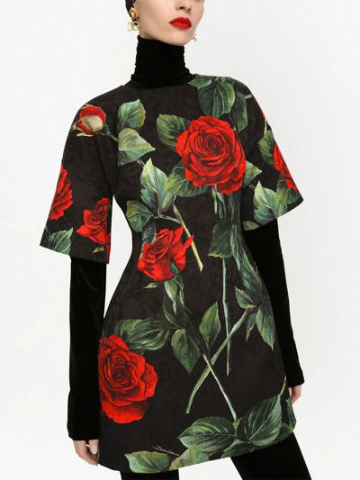 Dolce & Gabbana Cotton Blend Rose Print Short Dress In Schwarz