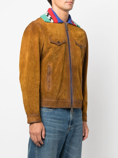 Shop Dsquared2 Knitted-collar Suede Jacket In Braun