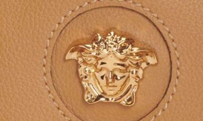 Shop Versace Mini La Medusa Leather Hobo In Tawny Brown- Gold