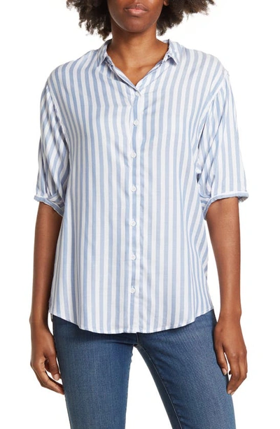 Shop Beachlunchlounge Better Late Short Sleeve Shirt In Slate Blue Stripe