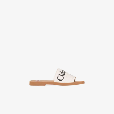 Shop Chloé Neutral Woody Logo Print Linen Sandals - Women's - Linen/flax/rubber In Neutrals