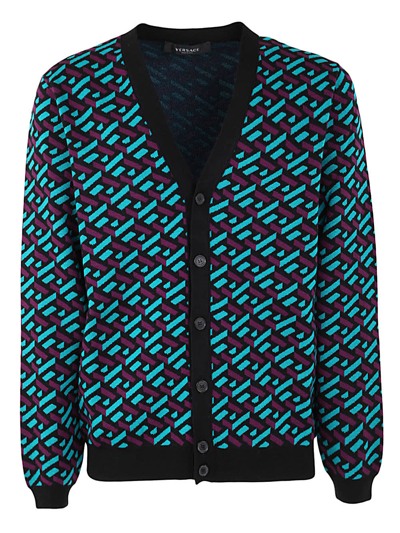 Shop Versace La Greca Knit Sweater Cardigan In Teal Plum