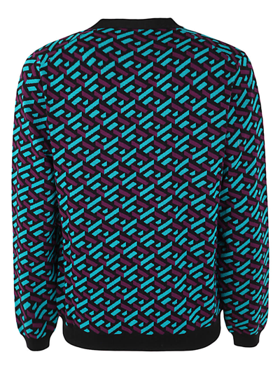 Shop Versace La Greca Knit Sweater Cardigan In Teal Plum