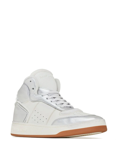 Saint Laurent Leather Perforated High-top Trainers In Metallic