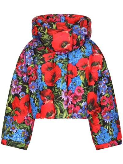 Shop Dolce & Gabbana Short Floral-print Down Jacket In Black