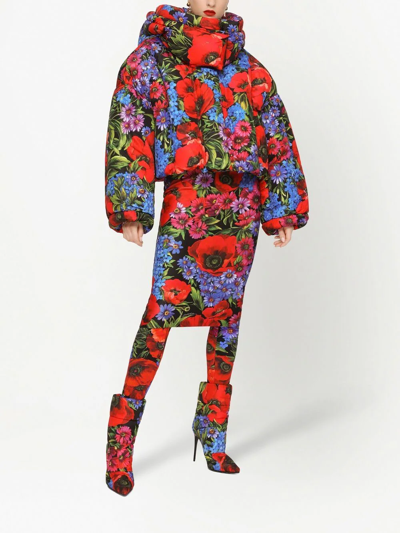Dolce & Gabbana Cropped Padded Floral-print Shell Hooded Jacket In Black