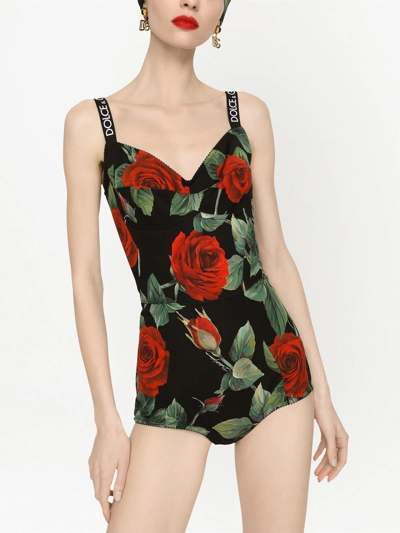 Shop Dolce & Gabbana Floral-print Bodysuit In Black