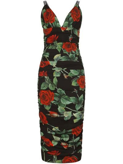 Shop Dolce & Gabbana Rose-print Midi Dress In Black