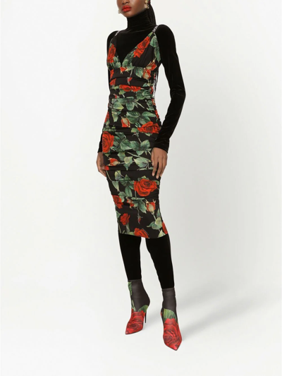 Shop Dolce & Gabbana Rose-print Midi Dress In Black