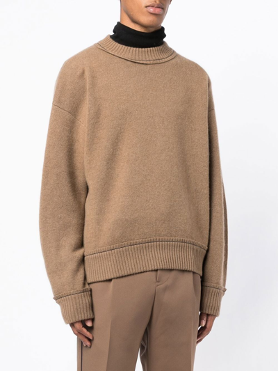 Sacai Crew-neck Logo-plaque Jumper In Brown