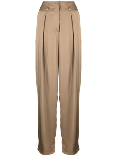 Shop Brunello Cucinelli High-waisted Silk Trousers In Neutrals