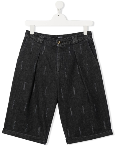 Shop Balmain Teen Logo-print Denim Shorts In Black