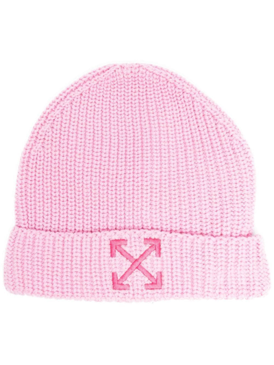 Shop Off-white Knitted Logo Beanie In Pink
