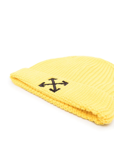 Shop Off-white Knitted Logo Beanie In Yellow