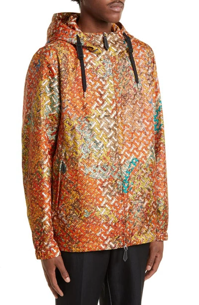 Shop Burberry Stanford Monogram Map Print Silk Hooded Jacket In Bright Orange Ip Pat