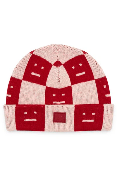 Shop Acne Studios Kids' Kuri Face Checkerboard Wool Beanie In Deep Red Faded Pink Melange