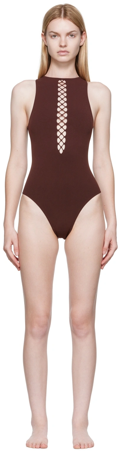 Shop Alaïa Brown Corset One-piece Swimsuit In 733 Brun Fonce