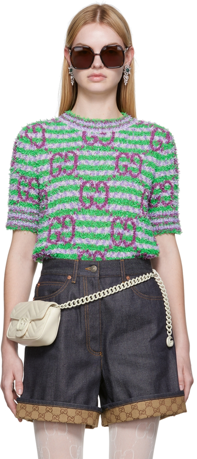 Shop Gucci Green & Purple Maxi Gg Sweater In 3579 Green/violet/mc