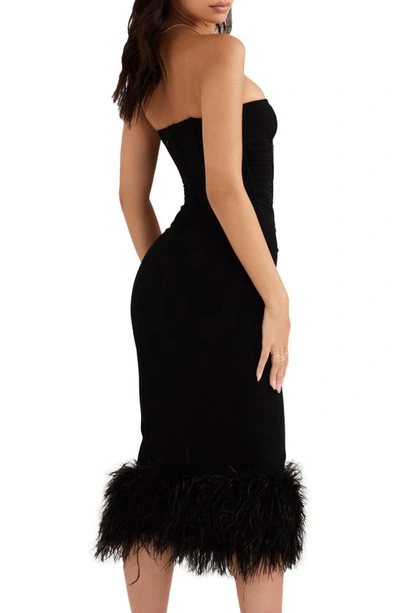 House Of Cb Strapless Feather Hem Midi Dress In Black