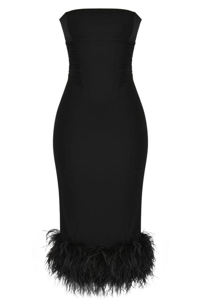 House Of Cb Strapless Feather Hem Midi Dress In Black