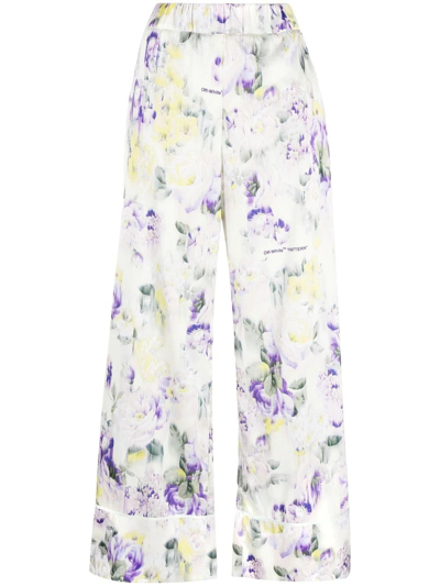 Shop Off-white Palazzo Pants With Floral Print In Multicolore