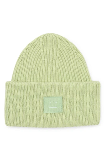 Shop Acne Studios Pansy Face Patch Rib Wool Beanie In Pale Green Melange