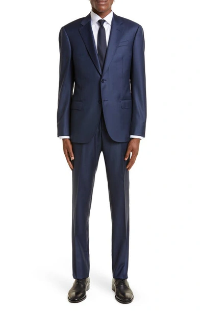 Shop Emporio Armani G Line Sharkskin Wool Suit In Solid Dark Blue