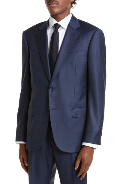 Shop Emporio Armani G Line Sharkskin Wool Suit In Solid Dark Blue