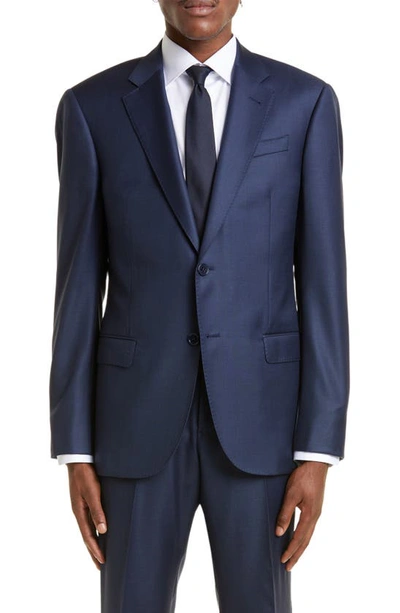 Shop Emporio Armani G Line Sharkskin Wool Suit In Solid Dark Blue