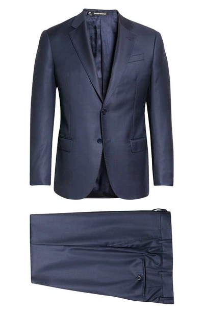 Shop Emporio Armani G Line Sharkskin Wool Suit In Solid Dark Blue