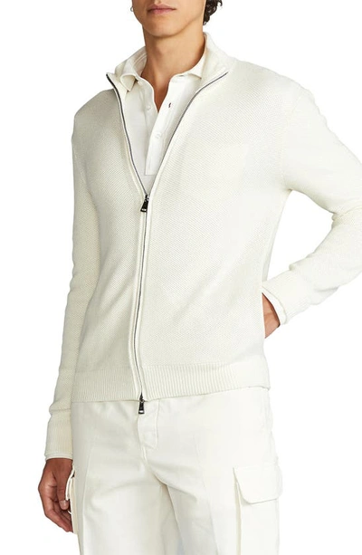 Shop Ralph Lauren Mock Neck Silk & Cotton Zip Cardigan In Lux Cream