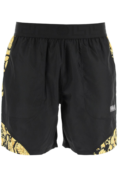 Shop Versace Barocco Print Shorts In Black