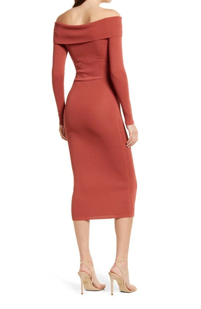 Shop Bardot Off The Shoulder Long Sleeve Midi Dress In Chestnut