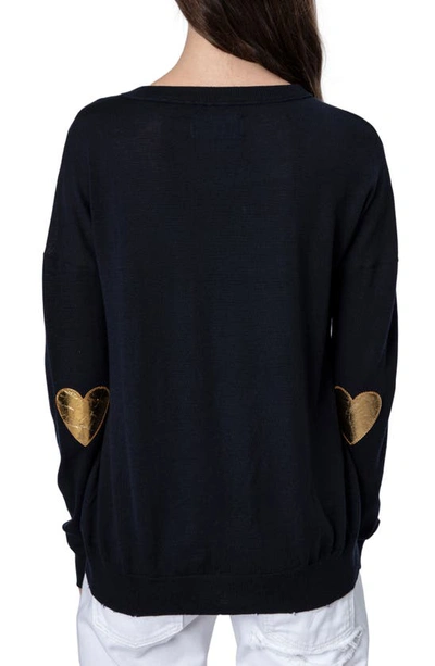 Shop Zadig & Voltaire Cici Heart Patch Distressed Merino Wool Sweater In Navy/ Gold
